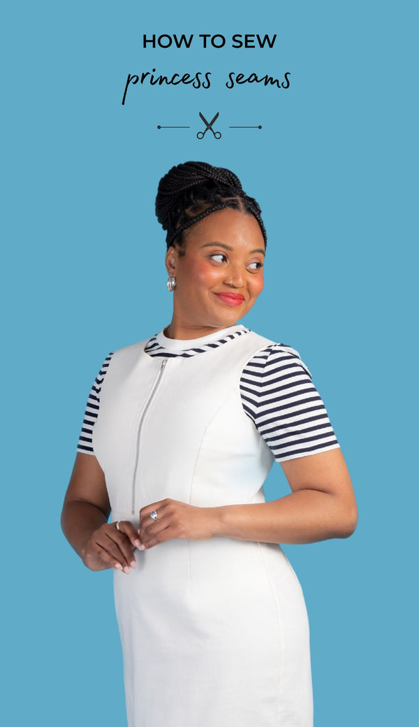 Model wearing the Noa pinafore against a blue background with the title text 'How to sew princess seams'.
