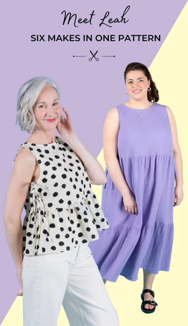 One model wears the Leah peplum top with tie sides, in white with black spots. The other model wears a Leah tiered midi dress with tie sides in lilac. With the title text 'Meet Leah, size makes in one pattern'