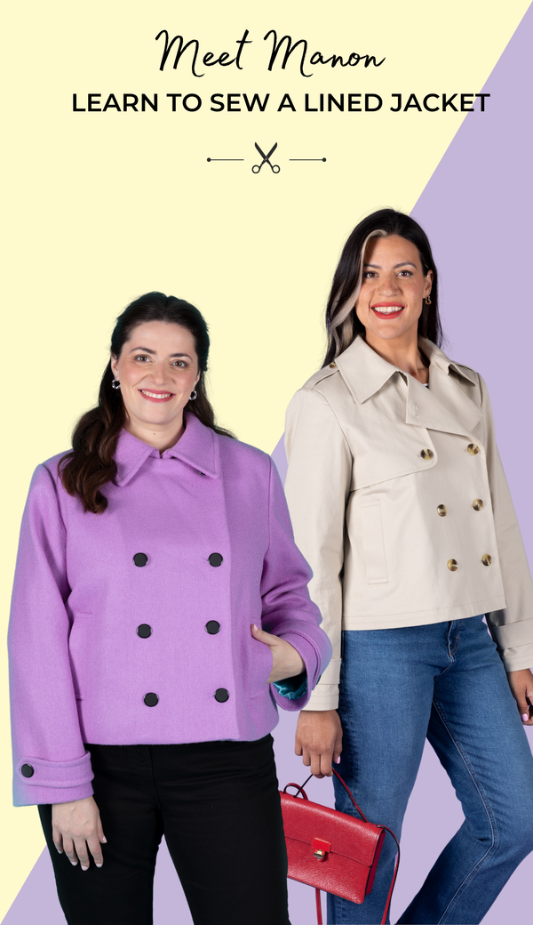 Two women wearing the Manon jacket sewing pattern by Tilly and the Buttons, with the title text 'Meet Manon - learn to sew a lined jacket'