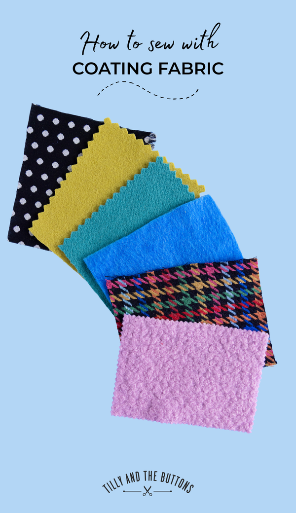 How to sew with coating fabric - text over image of coating fabric swatches including wool coating, vegan coating, boiled wool and tweed